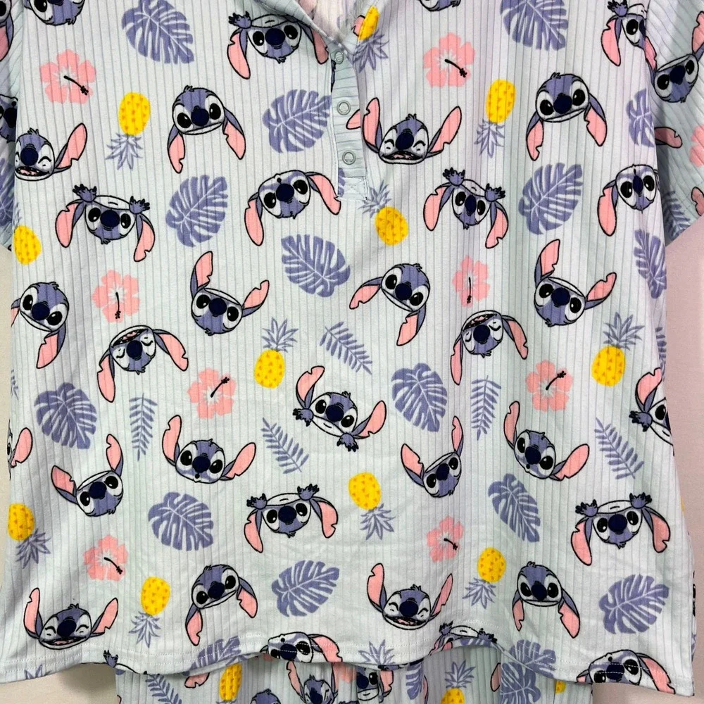 Disney Stitch Tropical Ribbed Pajama Set Womens Small Blue Henley Top Pants 2pc